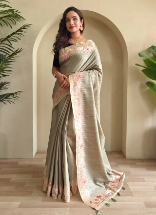 Perfervid Green Tussar Silk Trendy Saree with Embroidered and Floral Patch Work