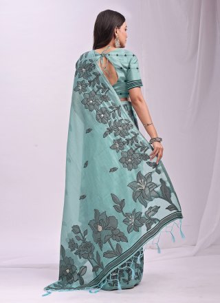 Picturesque Sea Green Cotton Contemporary Sari with Print Work