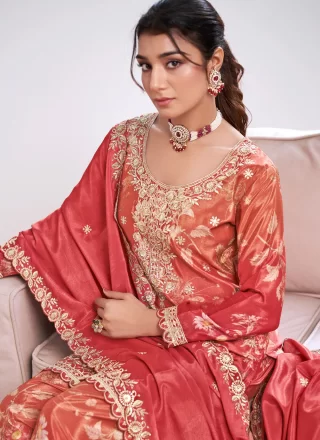 Pink and Pink Chinon Embroidered, Print, Sequins and Zari Work Salwar Suit for Festival