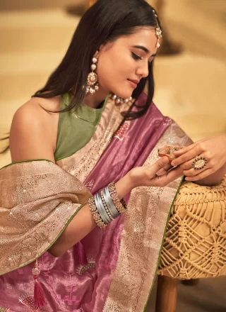 Pink and Purple Silk Embroidered, Fancy, Stone, Swarovski, Weaving and Zari Work Contemporary Sari for Ceremonial