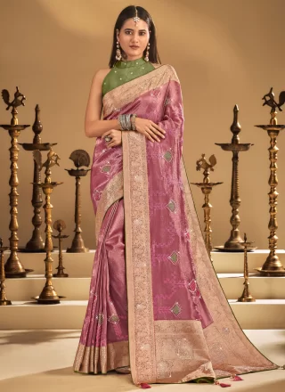 Pink and Purple Silk Embroidered, Fancy, Stone, Swarovski, Weaving and Zari Work Contemporary Sari for Ceremonial