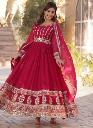 Pink and Rani Embroidered, Sequins and Zari Work Faux Georgette Gown