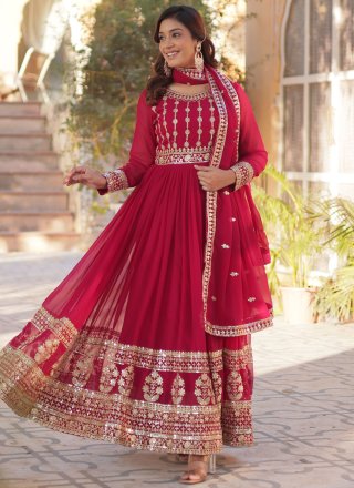 Pink and Rani Embroidered, Sequins and Zari Work Faux Georgette Gown