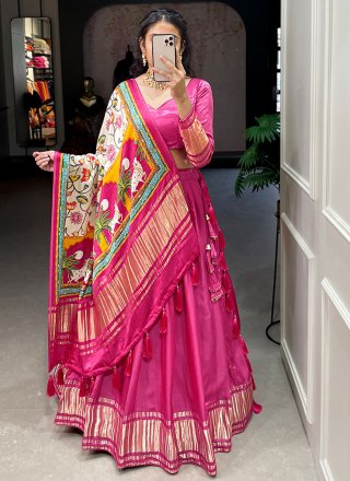 Pink and Rani Silk A - Line Lehenga Choli