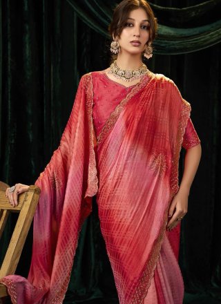 Pink and Rani Silk Beads, Patch Border and Thread Work Contemporary Saree for Ceremonial