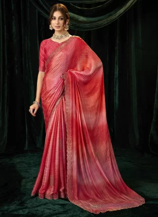 Pink and Rani Silk Beads, Patch Border and Thread Work Contemporary Saree for Ceremonial