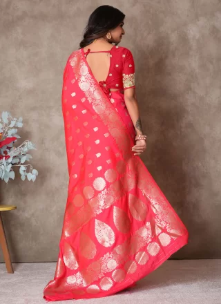 Pink and Rani Silk Classic Sari with Weaving Work