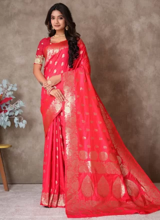 Pink and Rani Silk Classic Sari with Weaving Work