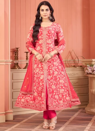 Pink and Rani Silk Embroidered and Jacquard Work Floor Length Salwar Suit