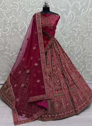Pink and Rani Velvet Diamond, Dori, Embroidered, Fancy, Multi, Patch Border, Sequins and Thread Work Lehenga Choli for Bridal