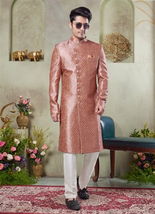 Pink and Rust Art Silk Sherwani Mens Wear with Thread Work