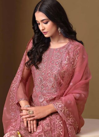 Pink and Rust Chiffon Embroidered, Lucknowi Work, Sequins and Stone Work Salwar Suit