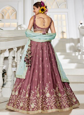 Pink and Rust Chiffon Embroidered, Sequins and Zari Work Lehenga Choli for Ceremonial