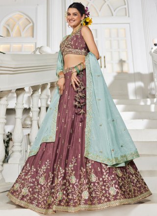 Pink and Rust Chiffon Embroidered, Sequins and Zari Work Lehenga Choli for Ceremonial