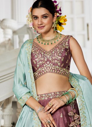 Pink and Rust Chiffon Embroidered, Sequins and Zari Work Lehenga Choli for Ceremonial