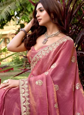 Pink and Rust Chiffon Traditional Saree with Embroidered and Zari Work