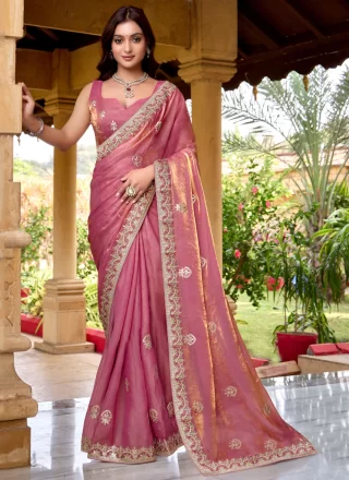 Pink and Rust Chiffon Traditional Saree with Embroidered and Zari Work
