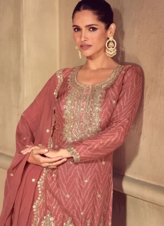 Pink and Rust Chinon Embroidered, Print, Sequins and Zari Work Readymade Salwar Suit