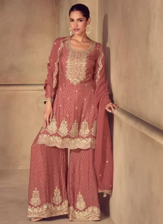 Pink and Rust Chinon Embroidered, Print, Sequins and Zari Work Readymade Salwar Suit