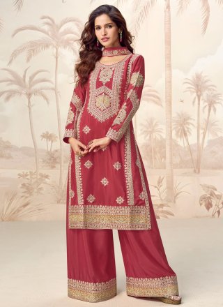 Pink and Rust Chinon Embroidered, Sequins and Zari Work Readymade Salwar Suit for Ceremonial