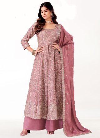 Pink and Rust Chinon Floor Length Salwar Suit with Embroidered and Zari Work