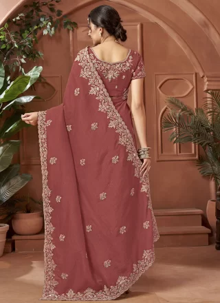 Pink and Rust Crush Patch Border, Cut, Embroidered and Zari Work Classic Sari