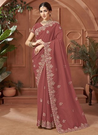 Pink and Rust Crush Patch Border, Cut, Embroidered and Zari Work Classic Sari