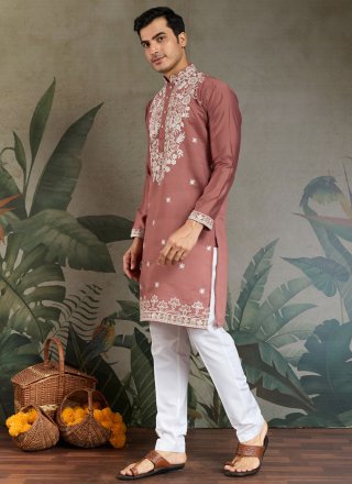 Pink and Rust Embroidered, Sequins and Thread Work Silk Kurta Mens Wear