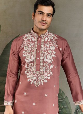Pink and Rust Embroidered, Sequins and Thread Work Silk Kurta Mens Wear