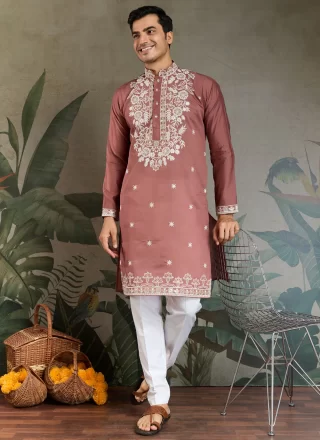 Pink and Rust Embroidered, Sequins and Thread Work Silk Kurta Mens Wear