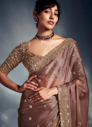 Pink and Rust Fancy Fabric Classic Sari with Cut Dana, Cut, Khatli, Sequins, Thread and Zari Work for Ceremonial