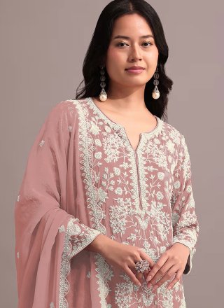 Pink and Rust Faux Georgette Embroidered, Khatli and Thread Work Salwar Suit for Ceremonial