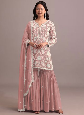 Pink and Rust Faux Georgette Embroidered, Khatli and Thread Work Salwar Suit for Ceremonial
