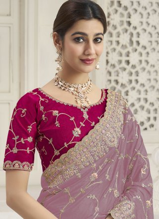 Pink and Rust Georgette Classic Sari with Cord, Embroidered, Hand, Thread, Zari and Zircon Work for Ceremonial
