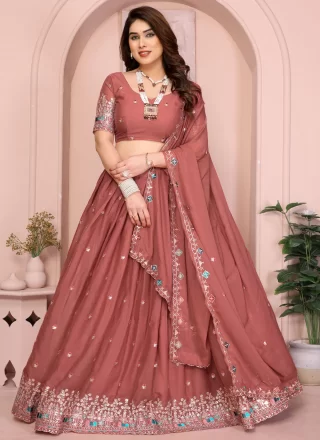 Pink and Rust Georgette Lehenga Choli with Embroidered and Zari Work