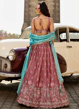 Pink and Rust Georgette Lehenga Choli with Embroidered, Sequins and Zari Work for Ceremonial