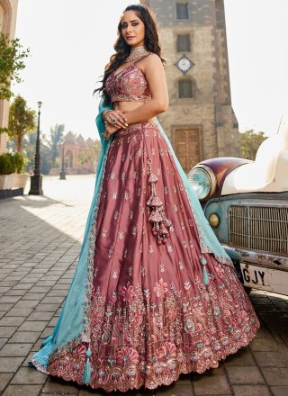 Pink and Rust Georgette Lehenga Choli with Embroidered, Sequins and Zari Work for Ceremonial