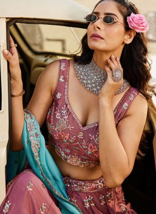 Pink and Rust Georgette Lehenga Choli with Embroidered, Sequins and Zari Work for Ceremonial