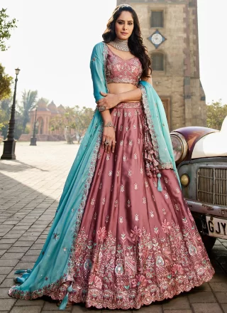 Pink and Rust Georgette Lehenga Choli with Embroidered, Sequins and Zari Work for Ceremonial