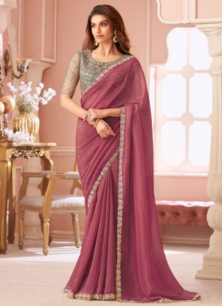 Pink and Rust Georgette Patch Border and Lace Work Trendy Saree