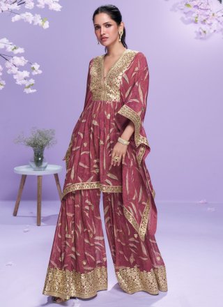 Pink and Rust Georgette Readymade Salwar Suit with Digital Print, Embroidered and Zari Work