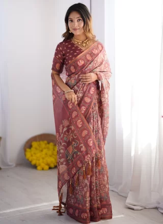 Pink and Rust Handloom Cotton Trendy Saree with Print Work
