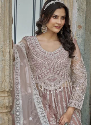 Pink and Rust Net Embroidered and Stone Work Salwar Suit for Ceremonial
