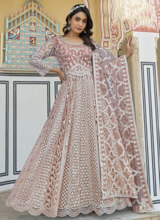Pink and Rust Net Embroidered, Mirror and Stone Work  Designer Gown