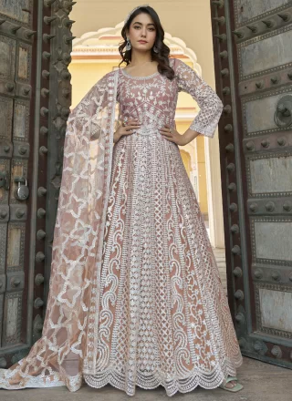 Pink and Rust Net Embroidered, Mirror and Stone Work  Designer Gown