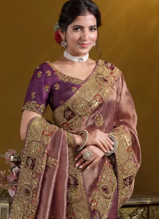 Pink and Rust Organza Classic Sari with Embroidered, Moti, Sequins, Thread and Zari Work