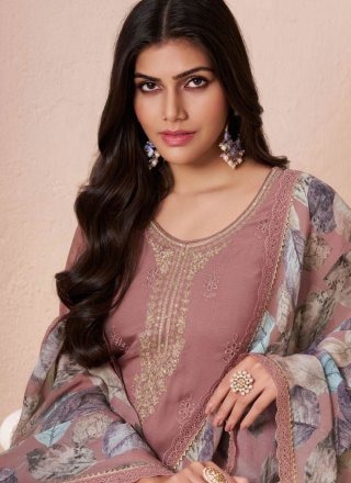 Pink and Rust Organza Embroidered and Fancy Work Straight Salwar Suit for Ceremonial