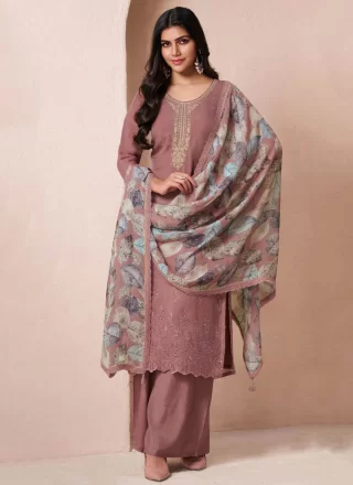 Pink and Rust Organza Embroidered and Fancy Work Straight Salwar Suit for Ceremonial