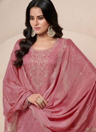 Pink and Rust Organza Embroidered and Zari Work Trendy Suit for Ceremonial