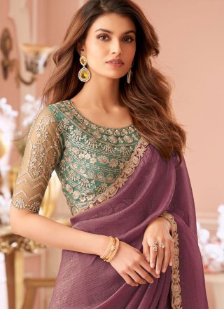 Pink and Rust Patch Border and Lace Work Georgette Classic Sari